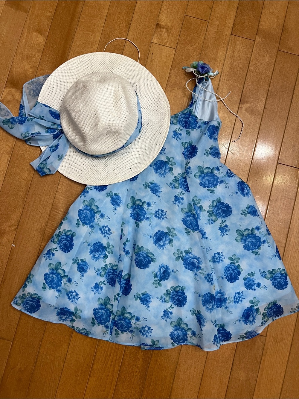 Blue Floral Halter Girls' Dress with Sun Hat